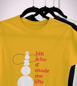 Angry Tall Snowman: Cute Snowman Printed T-shirt (Yellow) Unique Gift For Secret Santa