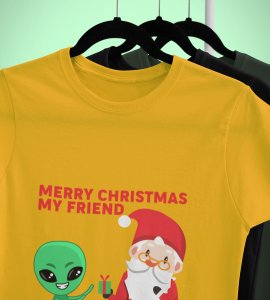 Santa With His Friend : Most Uniquely Printed T-shirt (Yellow) Best Gift For Boys Girls