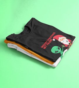 Santa With His Friend : Most Uniquely Printed T-shirt (Black) Best Gift For Boys Girls