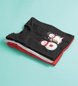Warm Snowman : Beautifully Printed T-shirt (Black) Perfect Gift For Christmas Eve