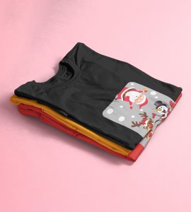 Santa And His Friends: Unwrap Joy with(Black) T-shirt- Durable Printed for Festive Gifts For Boys Girls