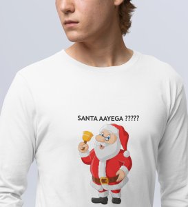 Curious Santa: Cute DesignerFull Sleeve T-shirt White Best Gift For Kids Boys Girls