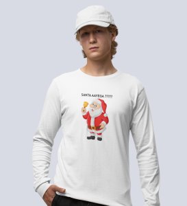 Curious Santa: Cute DesignerFull Sleeve T-shirt White Best Gift For Kids Boys Girls