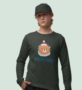 Winter Vibes Bear Tribe: Unique Winter DesignerFull Sleeve T-shirt Green Unique Gift For Boys Girls