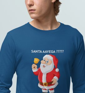Curious Santa: Cute DesignerFull Sleeve T-shirt Blue Best Gift For Kids Boys Girls
