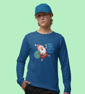 Santa Distributing Gifts: Best DesignerFull Sleeve T-shirt For Christmas BlueMost Liked Gift For Boys Girls