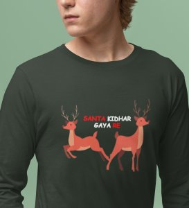 Find The Santa: Cute DesignerFull Sleeve T-shirt For Kids Green Best Gift For Kids