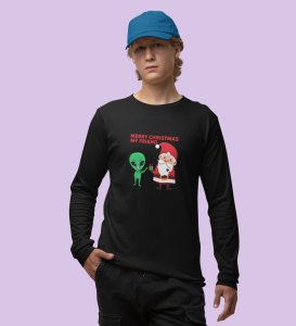 Cute Santa With Alien: Cutest DesignedFull Sleeve T-shirt Black Best Gift For Kids