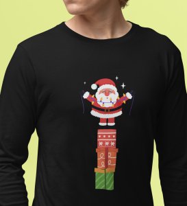 Santa With His Gifts: Most Uniquely DesignedFull Sleeve T-shirt Black Best Gift For Boys Girls