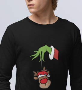 Alien & Reindeer:Black Christmas Edition PrintedFull Sleeve T-shirt - Ideal for Spreading Holiday Cheer at Gym, Yoga, and Outdoor Activities