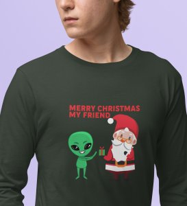Cute Santa With Alien: Cutest DesignedFull Sleeve T-shirt Green Best Gift For Kids