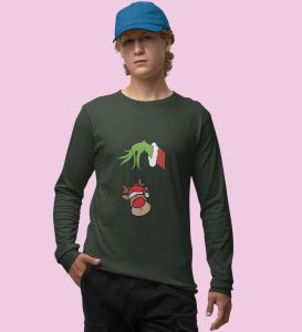 Alien & Reindeer: Green Christmas Edition PrintedFull Sleeve T-shirt - Ideal for Spreading Holiday Cheer at Gym, Yoga, and Outdoor Activities