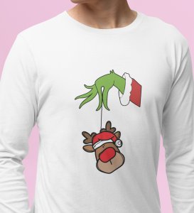 Alien & Reindeer:White Christmas Edition PrintedFull Sleeve T-shirt - Ideal for Spreading Holiday Cheer at Gym, Yoga, and Outdoor Activities