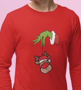 Alien & Reindeer:Red Christmas Edition PrintedFull Sleeve T-shirt - Ideal for Spreading Holiday Cheer at Gym, Yoga, and Outdoor Activities