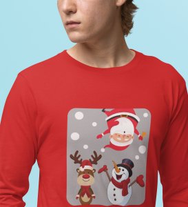 Santa And His Friends: Unwrap Joy with Red Full Sleeve T-shirt- Durable Design for Festive Gifts For Boys Girls