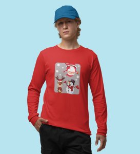 Santa And His Friends: Unwrap Joy with Red Full Sleeve T-shirt- Durable Design for Festive Gifts For Boys Girls