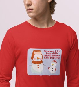 Snowman Sharmaji: Funny DesignerFull Sleeve T-shirt Red Perfect Gift For Secret Santa