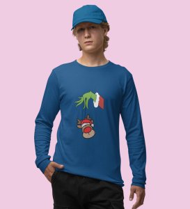 Alien & Reindeer:Blue Christmas Edition PrintedFull Sleeve T-shirt - Ideal for Spreading Holiday Cheer at Gym, Yoga, and Outdoor Activities