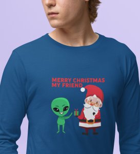 Cute Santa With Alien: Cutest DesignedFull Sleeve T-shirt Blue Best Gift For Kids