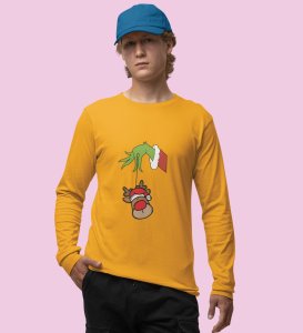 Alien & Reindeer:Yellow Christmas Edition PrintedFull Sleeve T-shirt - Ideal for Spreading Holiday Cheer at Gym, Yoga, and Outdoor Activities