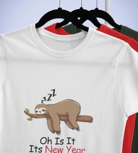 Sloth's New Year White Graphic Printed T-shirt For Mens Boys