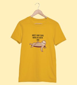 New Year Always Comes Yellow New Year Printed T-shirt For Mens