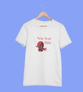 New Year Ride WhitePrinted T-shirt For Mens On New Year Theme