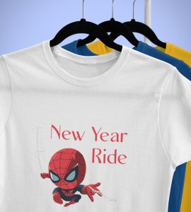 New Year Ride WhitePrinted T-shirt For Mens On New Year Theme