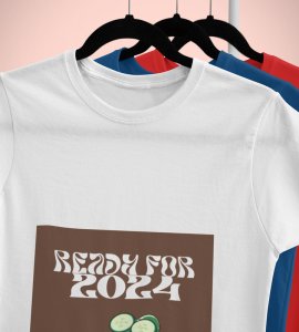 Get Ready For 2024 White Printed T-shirt For Mens On New Year Theme Best Gift For New Year