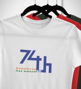 74th Republic Day, White Printed T-Shirts Round Neck for Men