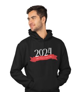 Greetings For New Year, Black New Year Printed Hoodies For Mens