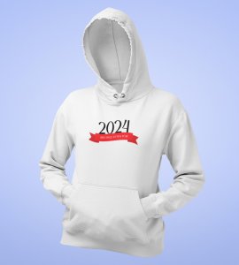 Greetings For New Year, White New Year Printed Hoodies For Mens