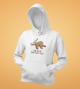 Sloth's New Year,  White Graphic Printed Hoodies For Mens Boys