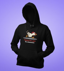 Chicken's New Year  Black Graphic Printed Hoodies For Mens Boys