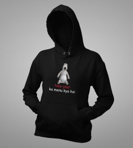 What's There For New Year, Black New Year Printed Hoodies For Mens