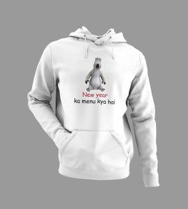 What's There For New Year, White New Year Printed Hoodies For Mens