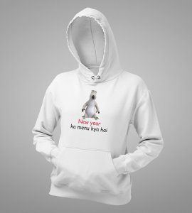 What's There For New Year, White New Year Printed Hoodies For Mens