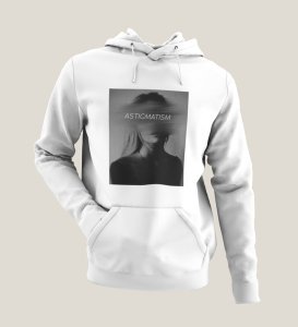 Worthless Life, Cityscape Elegance:White Men's Oversized Hoodie with Captivating Front Graphic