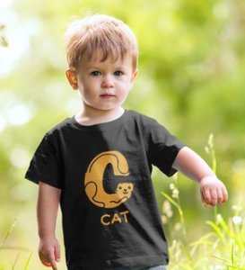 Cute cat, Boys Cotton Text Print Tshirt (black)
