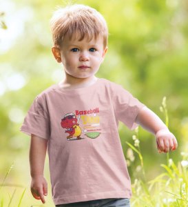 Baseballer Dino, Boys Round Neck Blended Cotton Tshirt (baby pink)