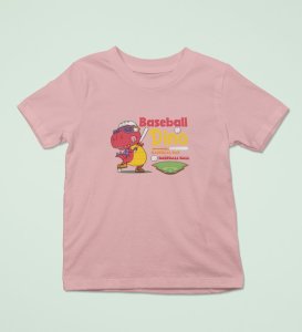 Baseballer Dino, Boys Round Neck Blended Cotton Tshirt (baby pink)