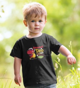 Baseballer Dino, Boys Round Neck Blended Cotton Tshirt (black)