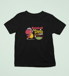 Baseballer Dino, Boys Round Neck Blended Cotton Tshirt (black)
