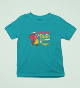 Baseballer Dino, Boys Round Neck Blended Cotton Tshirt (Red)