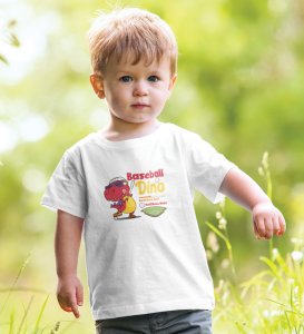 Baseballer Dino, Boys Round Neck Blended Cotton Tshirt (White)
