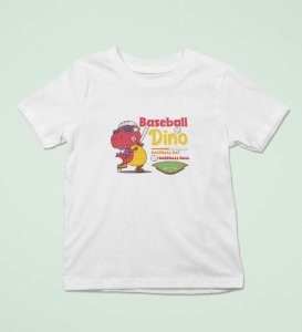Baseballer Dino, Boys Round Neck Blended Cotton Tshirt (White)