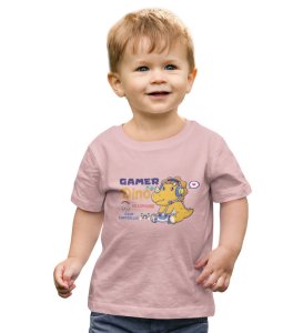 Gamer Dino, Boys Round Neck Blended Cotton Tshirt (baby pink)