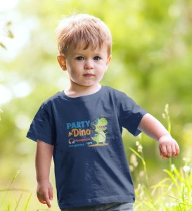 Party Animal Dino,Boys Cotton Printed T-shirt (Navy Blue)