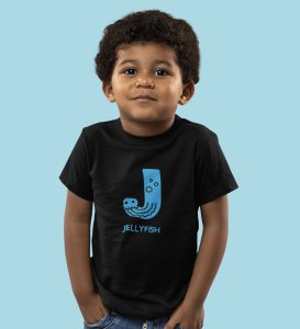Jolly Jellyfish, Boys Cotton Text Print Tshirt (Black)