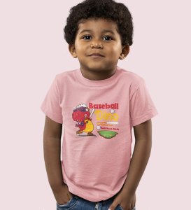 Baseballer Dino, Boys Round Neck Blended Cotton Tshirt